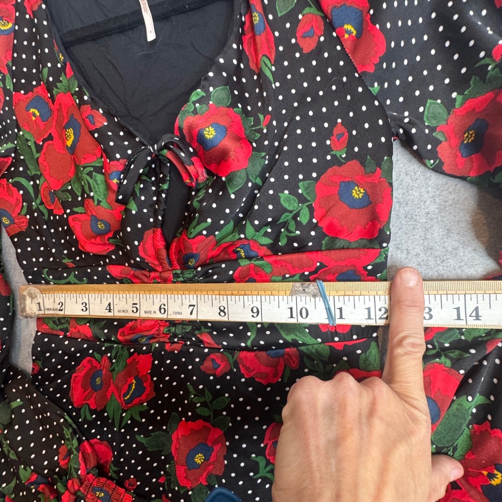 Free‎ People Long Sleeve Mini Dress Tie Front Black Red Floral Polka Dot Size S - Picture 6 of 8
